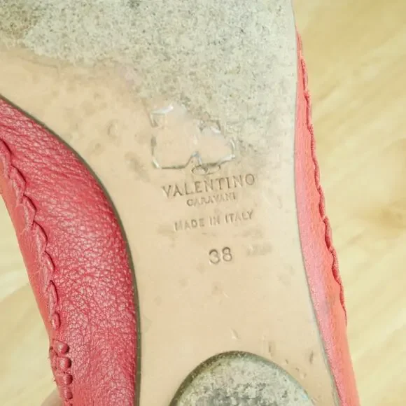 Valentino Garavani 38 Shoes Slip On Ballet Flats Peep Toe Red Leather Luxury - Picture 16 of 16